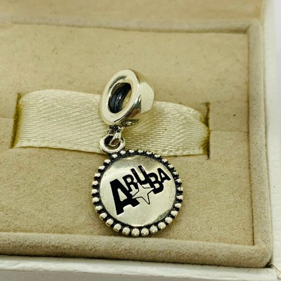 🧜🏾♀️🎀Pandora Aruba Charm Aruba Black Logo Dangle Pendant S925 Silver - Picture 1 of 4
